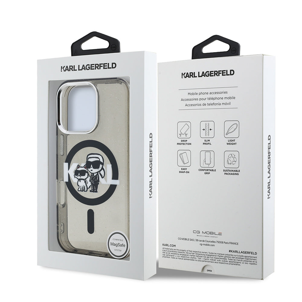 Apple iPhone 15 Pro Max Kılıf Karl Lagerfeld Orjinal Lisanslı Parlayan Simli Karl & Choupette Sketch Logo Kapak