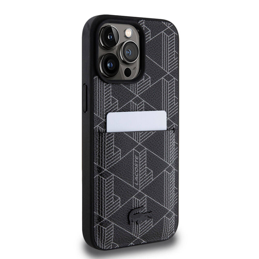 Apple iPhone 15 Pro Max Kılıf Lacoste Orjinal Lisanslı M-safe Şarj Özellikli PU Deri Görünümlü Kartlıklı Karışık Monogram Desenli Kapak