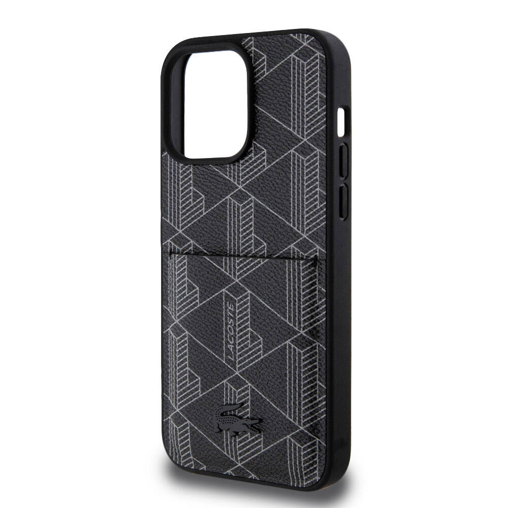 Apple iPhone 15 Pro Max Kılıf Lacoste Orjinal Lisanslı M-safe Şarj Özellikli PU Deri Görünümlü Kartlıklı Karışık Monogram Desenli Kapak