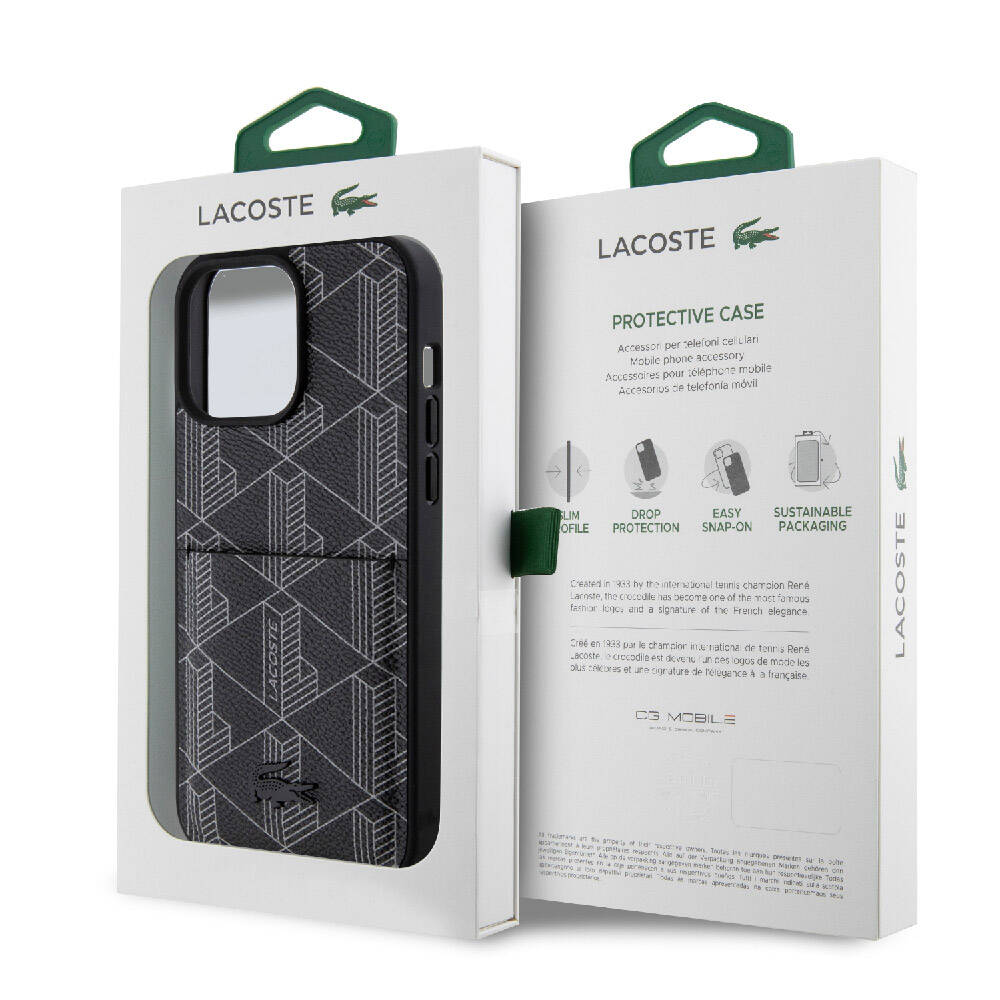 Apple iPhone 15 Pro Max Kılıf Lacoste Orjinal Lisanslı M-safe Şarj Özellikli PU Deri Görünümlü Kartlıklı Karışık Monogram Desenli Kapak