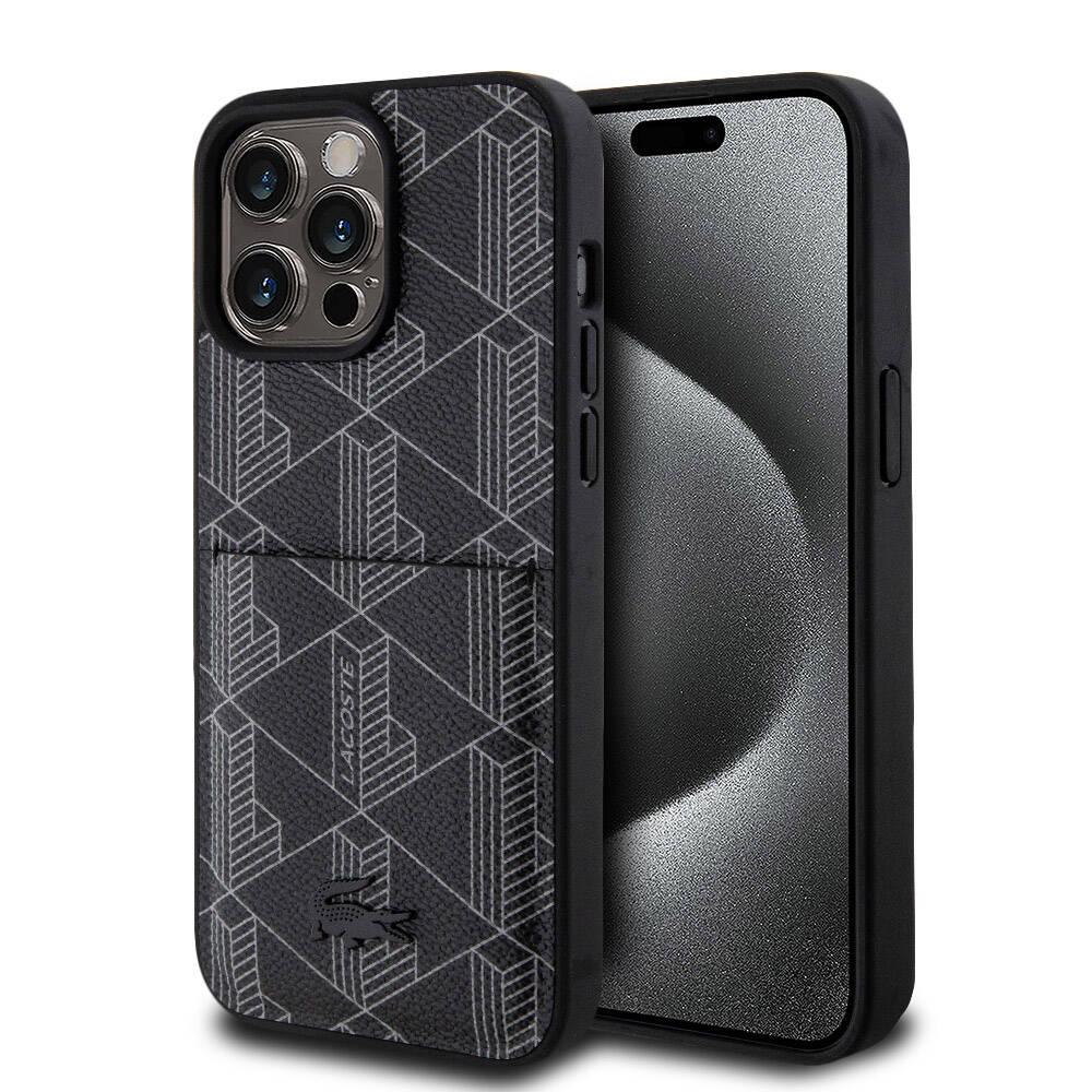 Apple iPhone 15 Pro Max Kılıf Lacoste Orjinal Lisanslı M-safe Şarj Özellikli PU Deri Görünümlü Kartlıklı Karışık Monogram Desenli Kapak