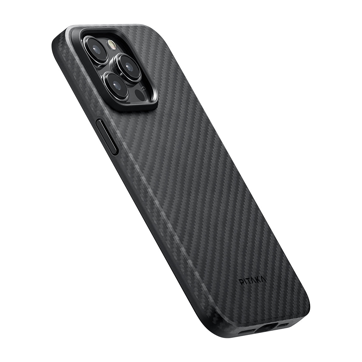 Apple iPhone 15 Pro Max Kılıf M-safe Şarj Özellikli 1500D Aramid Fiber Pitaka Military-Grade Classic Serisi Black-Grey Twill Kapak