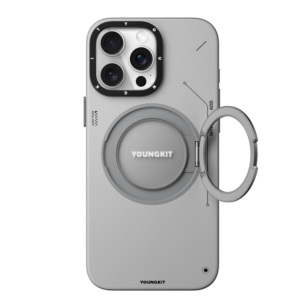 Apple iPhone 15 Pro Max Kılıf M-safe Şarj Özellikli 360° Standlı Basit Mat Deri Desenli Youngkit Tech Leather Serisi Kapak