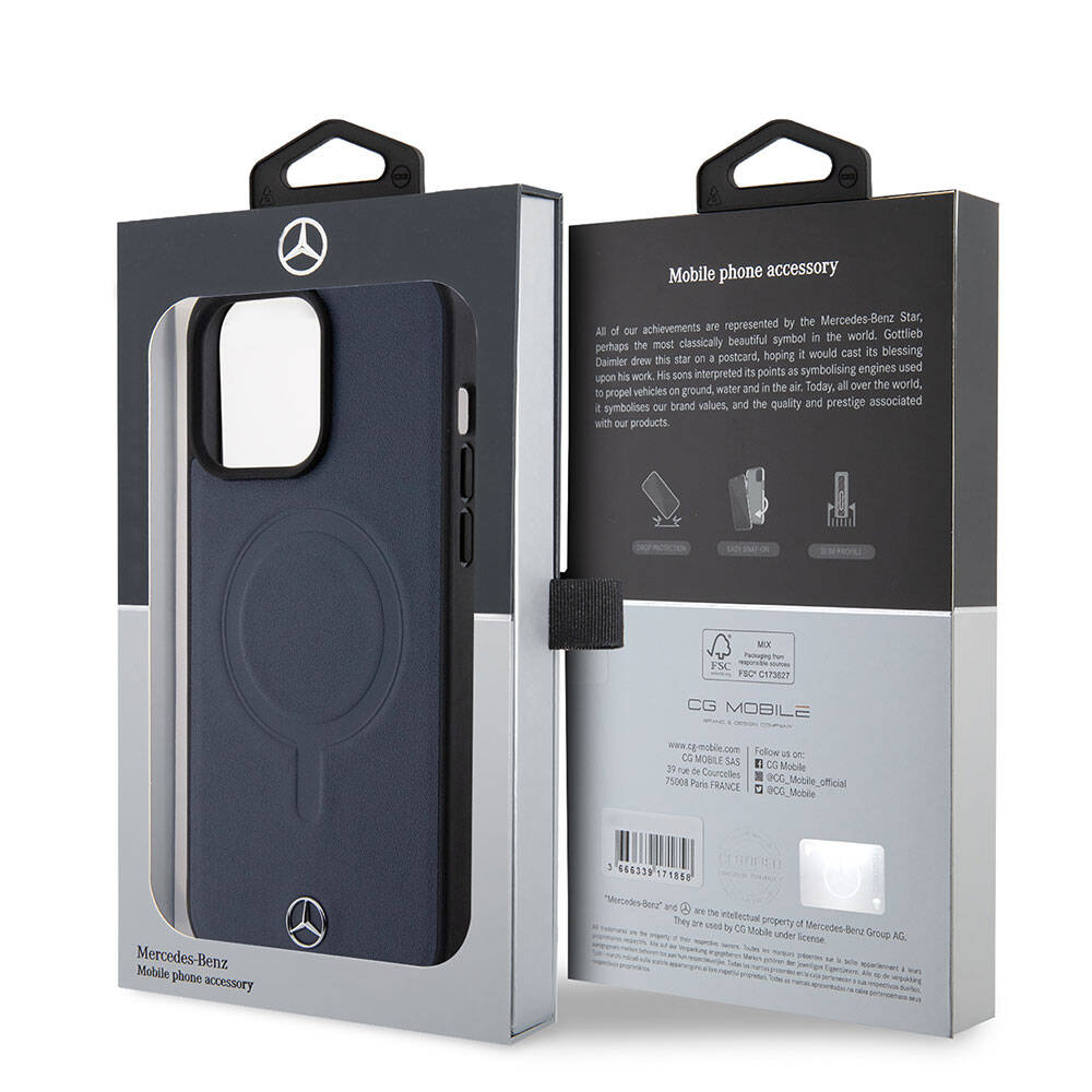 Apple iPhone 15 Pro Max Kılıf Mercedes Benz Orjinal Lisanslı M-safe Şarj Özellikli Metal Yıldız Logolu Pürüzsüz Deri Kapak