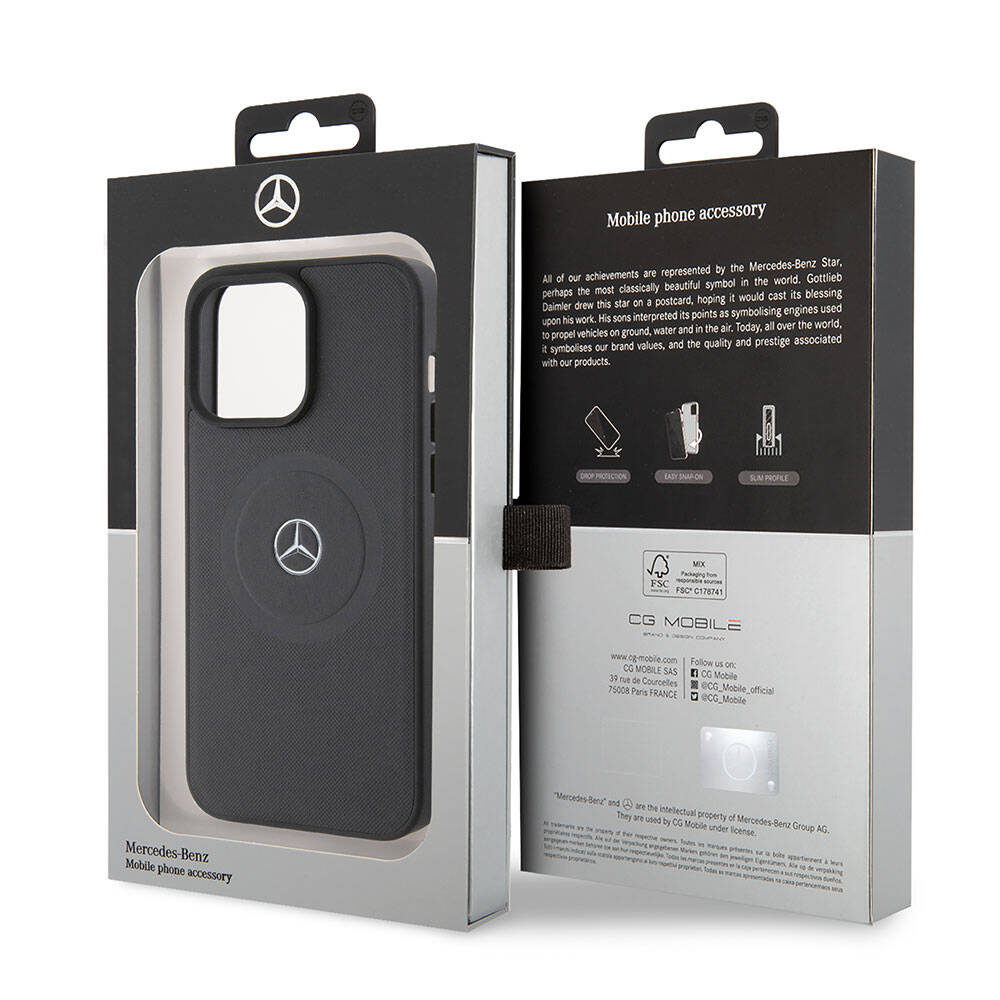Apple iPhone 15 Pro Max Kılıf Mercedes Benz Orjinal Lisanslı M-safe Şarj Özellikli Pike Desenli Baskı Logolu Deri Kapak