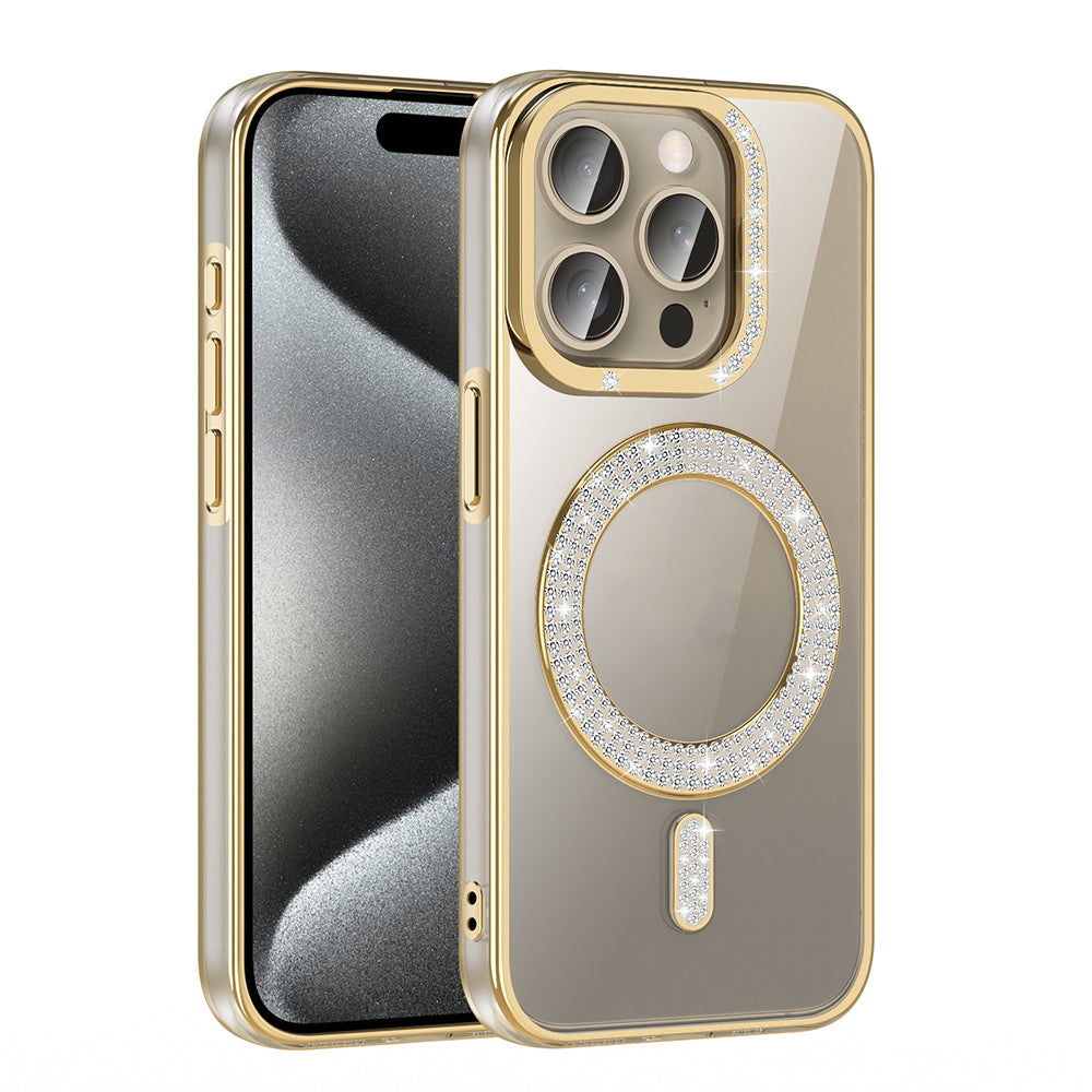 Apple iPhone 15 Pro Max Kılıf Pırlanta Taş Tasarımlı M-safe Şarj Özellikli Zore Karetta Silikon Kapak