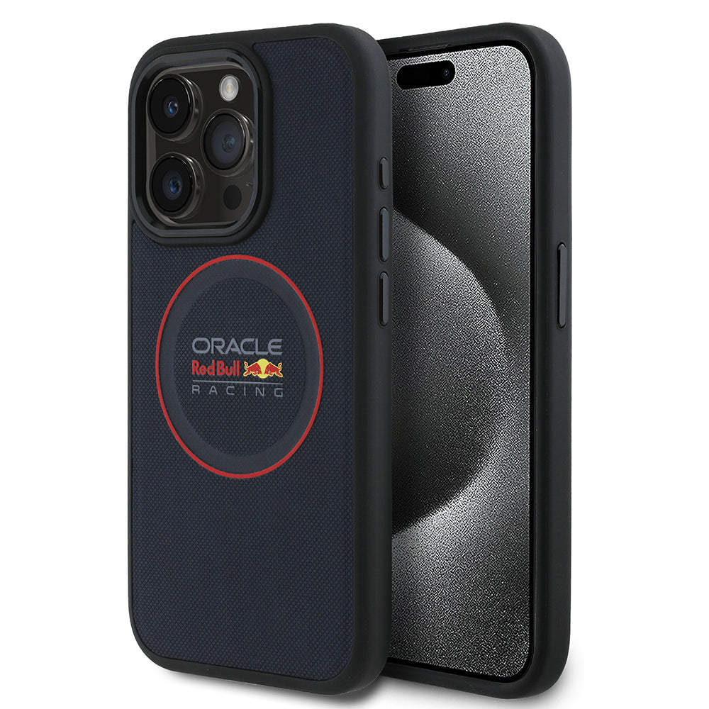 Apple iPhone 15 Pro Max Kılıf Redbull Orjinal Lisanslı M-safe Şarj Özellikli Kırmızı Halka ve Logo Kabartmalı PU Deri Kapak