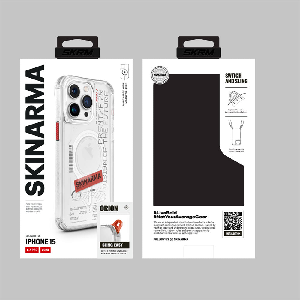 Apple iPhone 15 Pro Max Kılıf SkinArma M-safe Şarj Özellikli Yazı Desenli Airbag Tasarımlı Orion Kapak
