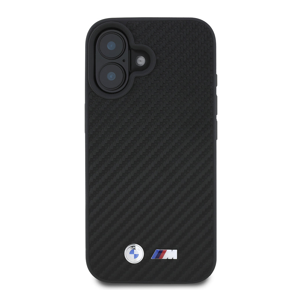 Apple iPhone 16 Kılıf BMW Orjinal Lisanslı Karbon Fiber Tasarımlı ve Metal Logolu PU Deri Kapak