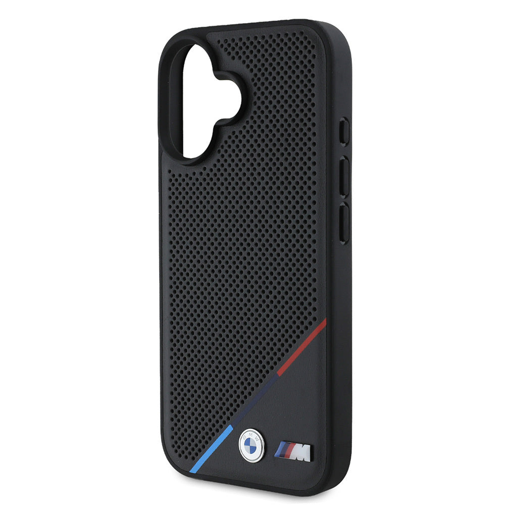 Apple iPhone 16 Kılıf BMW Orjinal Lisanslı M-safe Şarj Özellikli M Logolu Üç Çizgili Delikli Deri Kapak