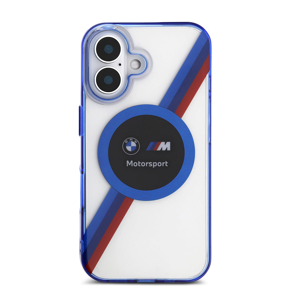 Apple iPhone 16 Kılıf BMW Orjinal Lisanslı M-safe Şarj Özellikli M Logolu Üç Renk Çizgili Motorsport Circle Kapak