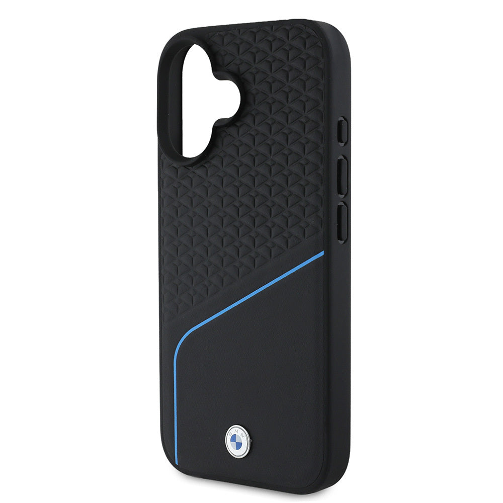 Apple iPhone 16 Kılıf BMW Orjinal Lisanslı M-safe Şarj Özellikli Metal Logolu Dokulu ve Çizgili Deri Kapak