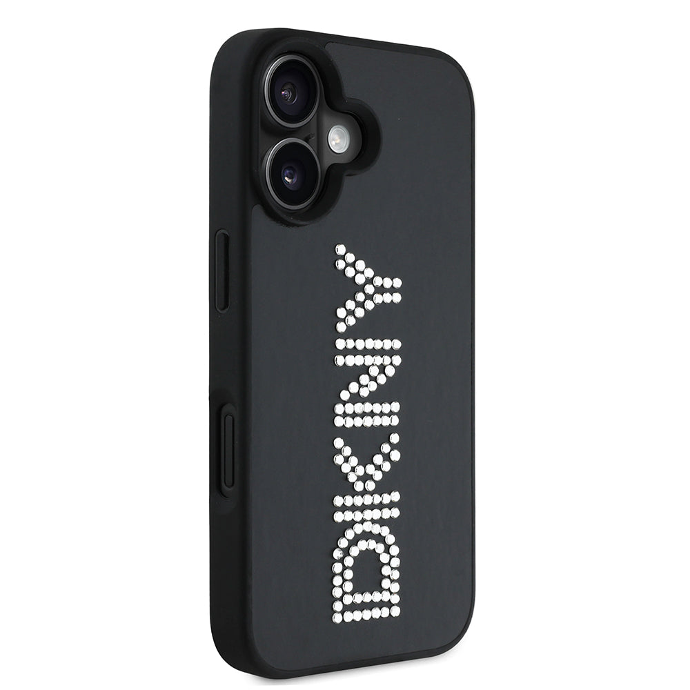 Apple iPhone 16 Kılıf DKNY Orjinal Lisanslı Taşlı DKNY Yazılı Metalik Rhinestones PU Deri Kapak