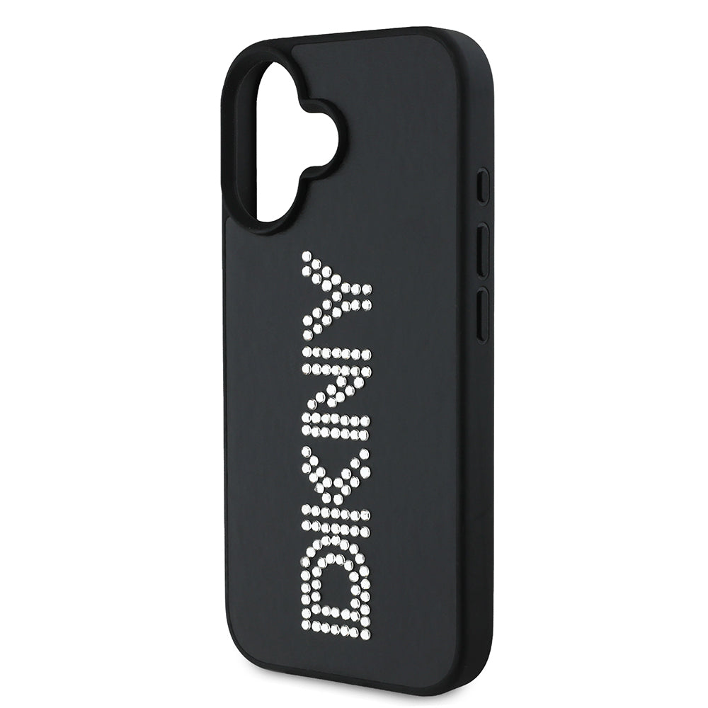 Apple iPhone 16 Kılıf DKNY Orjinal Lisanslı Taşlı DKNY Yazılı Metalik Rhinestones PU Deri Kapak