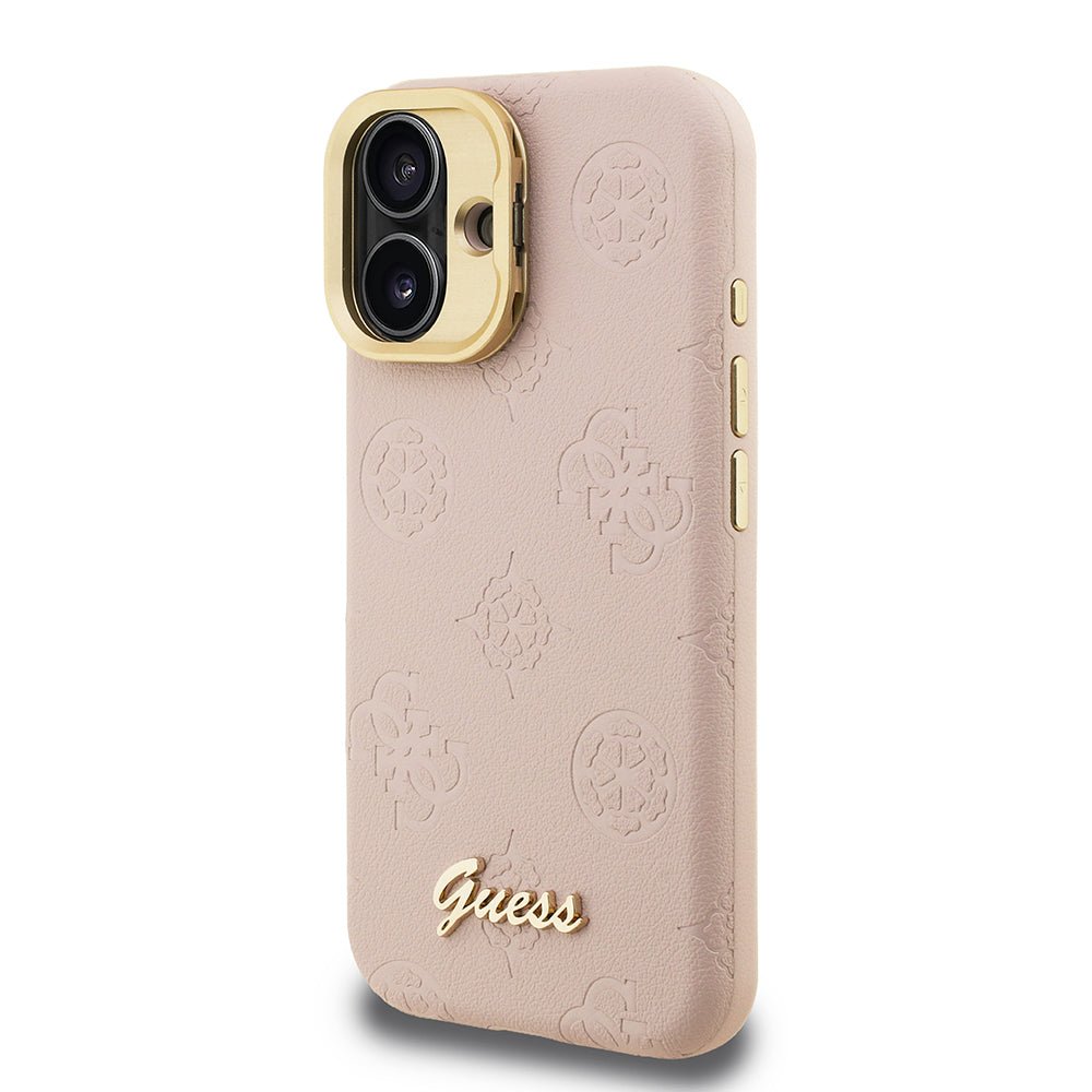 Apple iPhone 16 Kılıf Guess Orjinal Lisanslı M-safe Şarj Özellikli Sıcak Baskılı Yazı Logolu Kamera Standlı PU Deri Peony Kapak