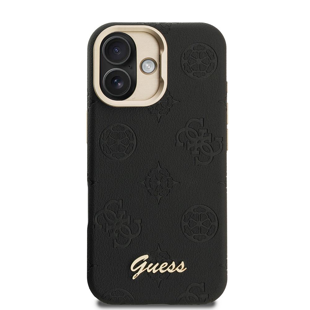 Apple iPhone 16 Kılıf Guess Orjinal Lisanslı M-safe Şarj Özellikli Sıcak Baskılı Yazı Logolu Kamera Standlı PU Deri Peony Kapak