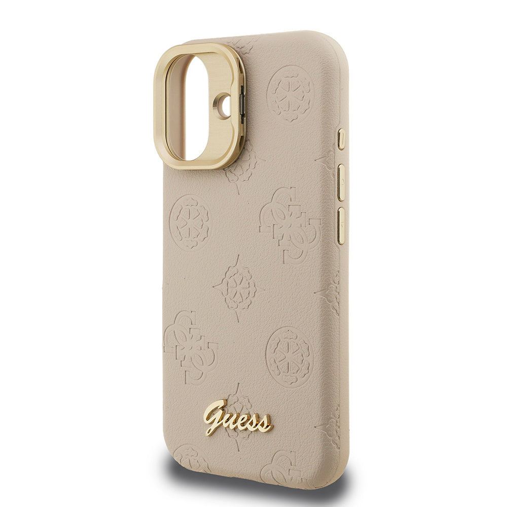 Apple iPhone 16 Kılıf Guess Orjinal Lisanslı M-safe Şarj Özellikli Sıcak Baskılı Yazı Logolu Kamera Standlı PU Deri Peony Kapak