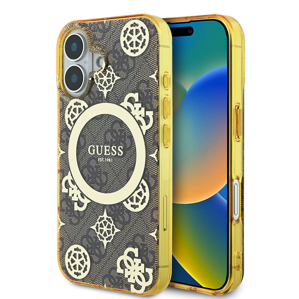 Apple iPhone 16 Kılıf Guess Orjinal Lisanslı M-safe Şarj Özellikli 4G Desenli IML Yazı Logolu Peony Kapak