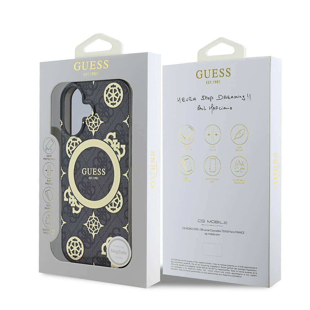 Apple iPhone 16 Kılıf Guess Orjinal Lisanslı M-safe Şarj Özellikli 4G Desenli IML Yazı Logolu Peony Kapak