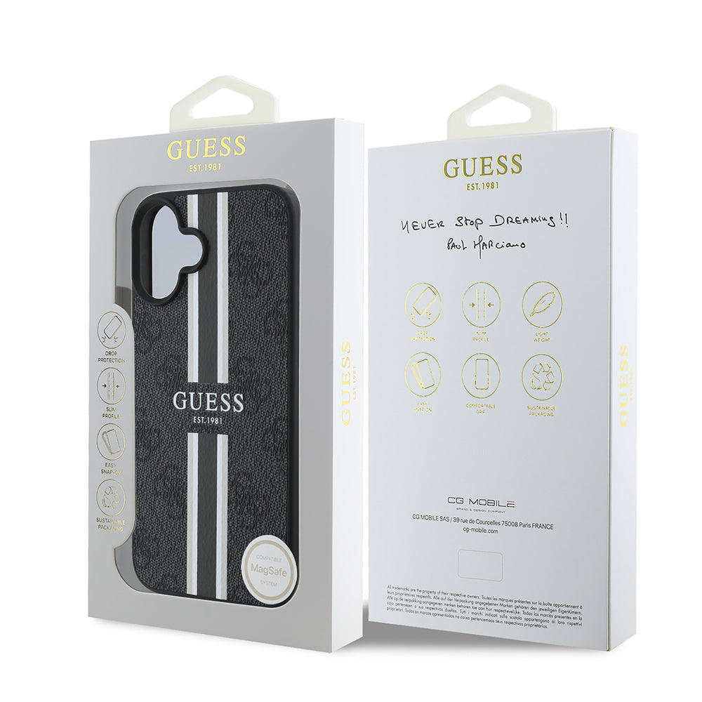 Apple iPhone 16 Kılıf Guess Orjinal Lisanslı M-safe Şarj Özellikli 4G Şerit Tasarımlı Printed Kapak