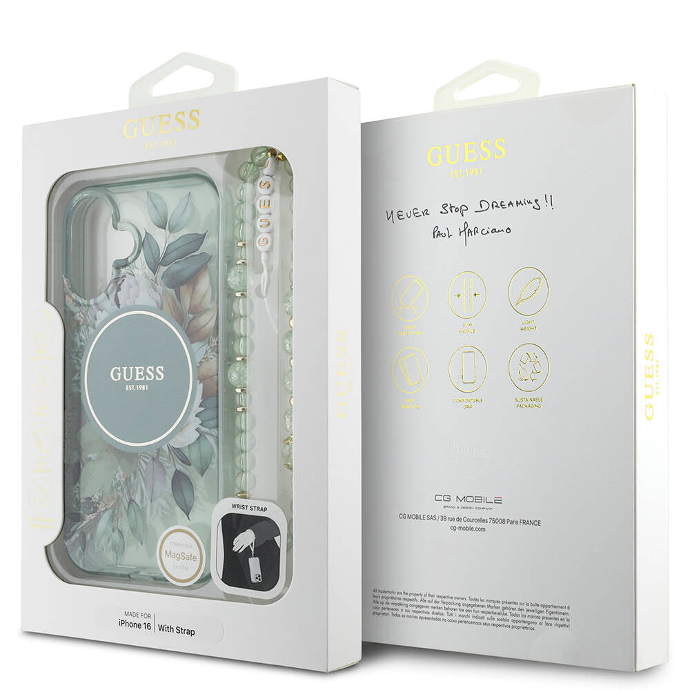 Apple iPhone 16 Kılıf Guess Orjinal Lisanslı M-safe Şarj Özellikli IML Baskılı Çiçek İnci Bileklikli Kapak