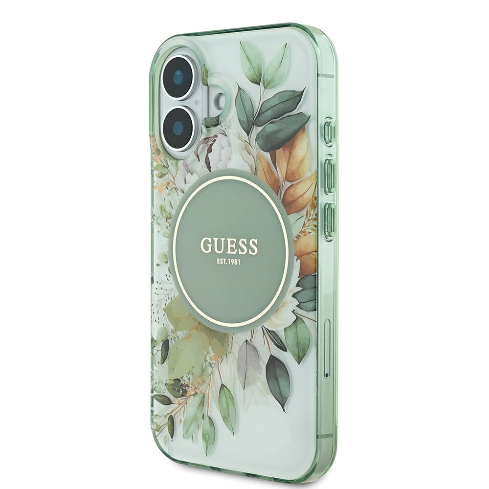 Apple iPhone 16 Kılıf Guess Orjinal Lisanslı M-safe Şarj Özellikli IML Baskılı Yazı Logolu Flower Tonal Circle Kapak