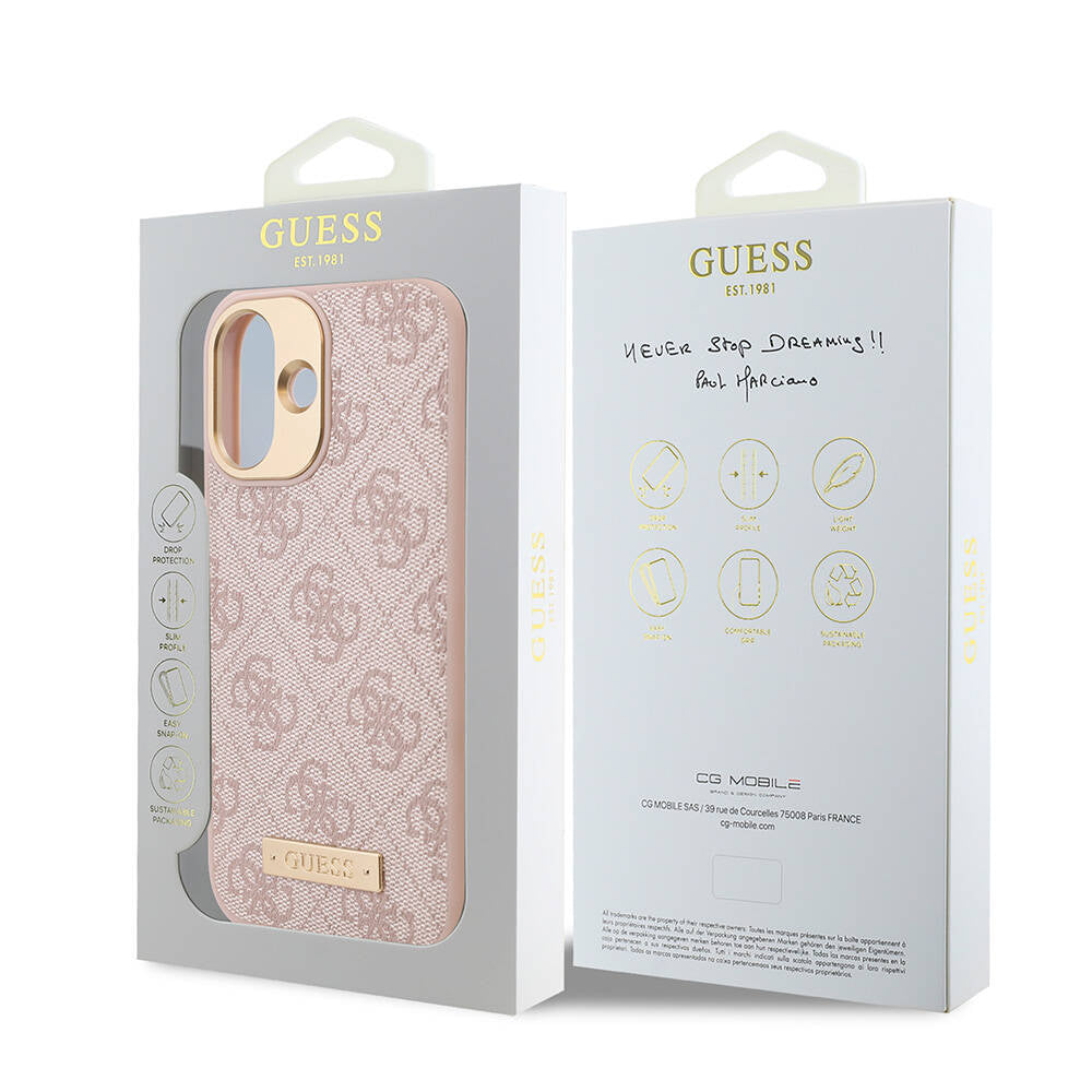 Apple iPhone 16 Kılıf Guess Orjinal Lisanslı M-safe Şarj Özellikli PU 4G Desenli Metal Plaka Klasik Logolu Kapak