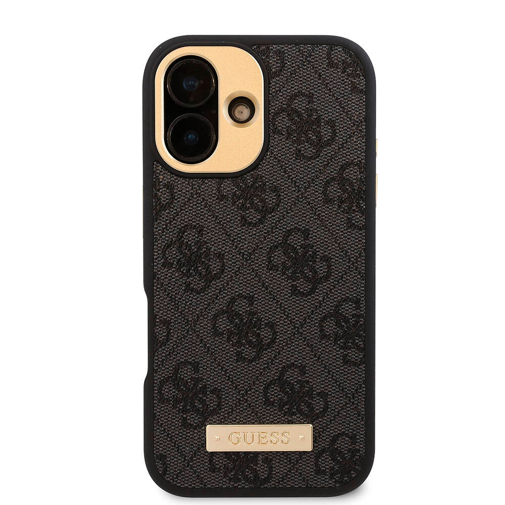 Apple iPhone 16 Kılıf Guess Orjinal Lisanslı M-safe Şarj Özellikli PU 4G Desenli Metal Plaka Klasik Logolu Kapak
