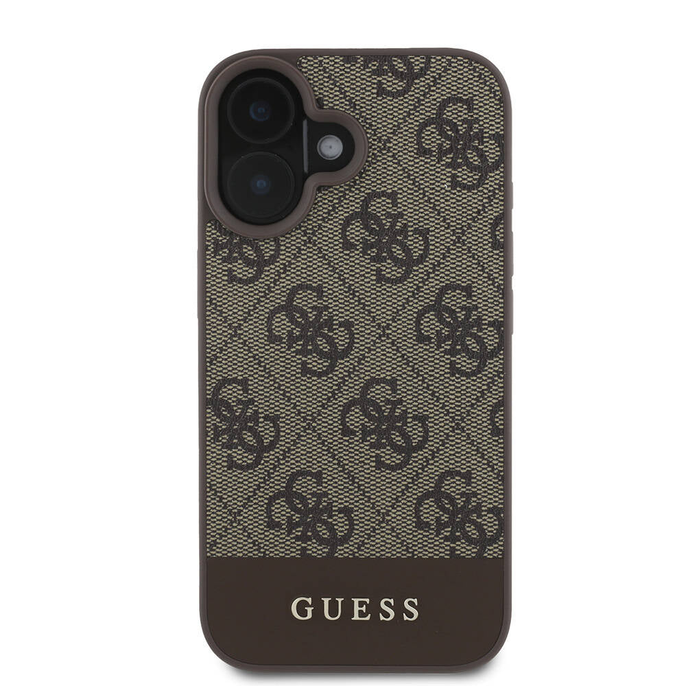 Apple iPhone 16 Kılıf Guess Orjinal Lisanslı M-safe Şarj Özellikli PU Deri Şerit Logo Dizaynlı Kapak