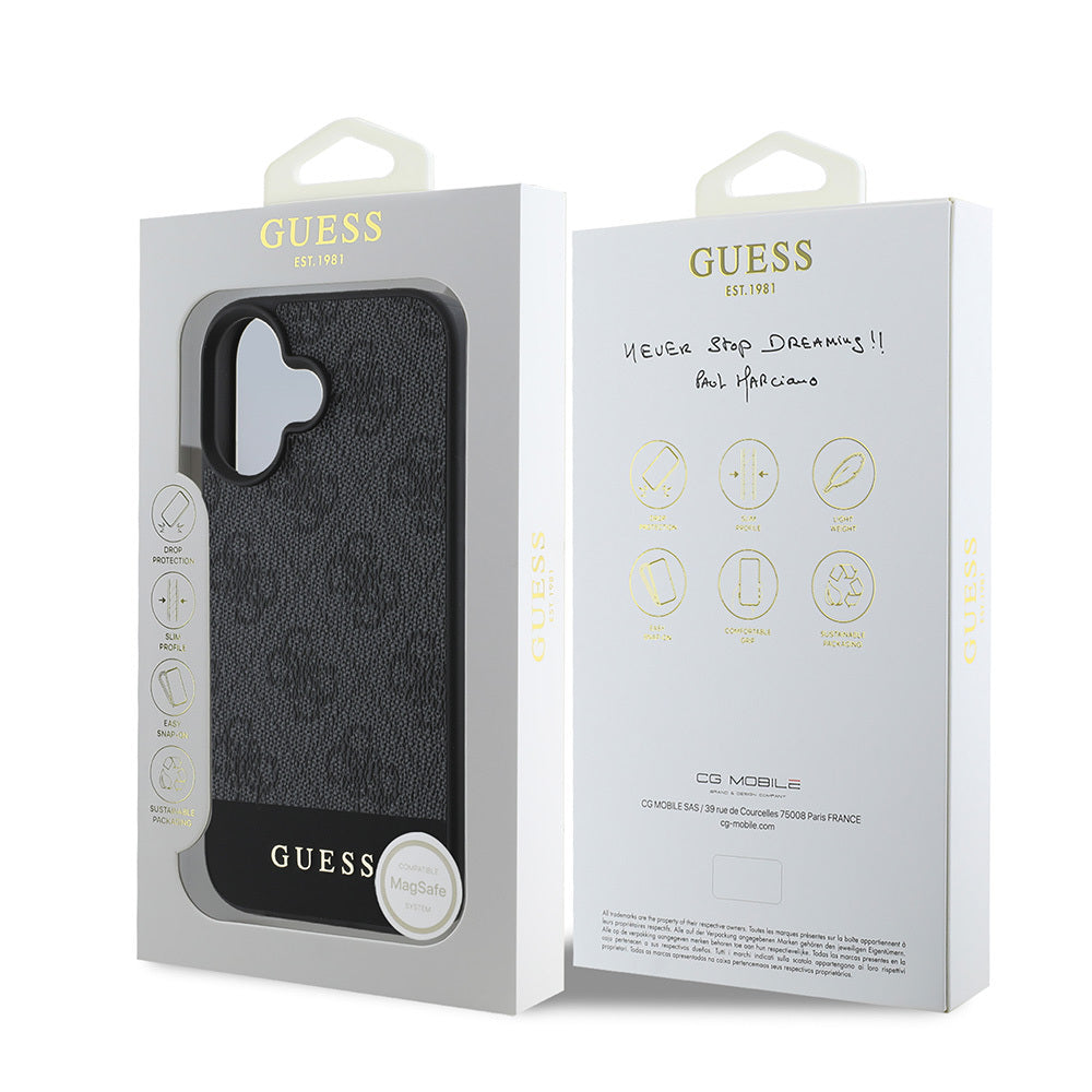 Apple iPhone 16 Kılıf Guess Orjinal Lisanslı M-safe Şarj Özellikli PU Deri Şerit Logo Dizaynlı Kapak