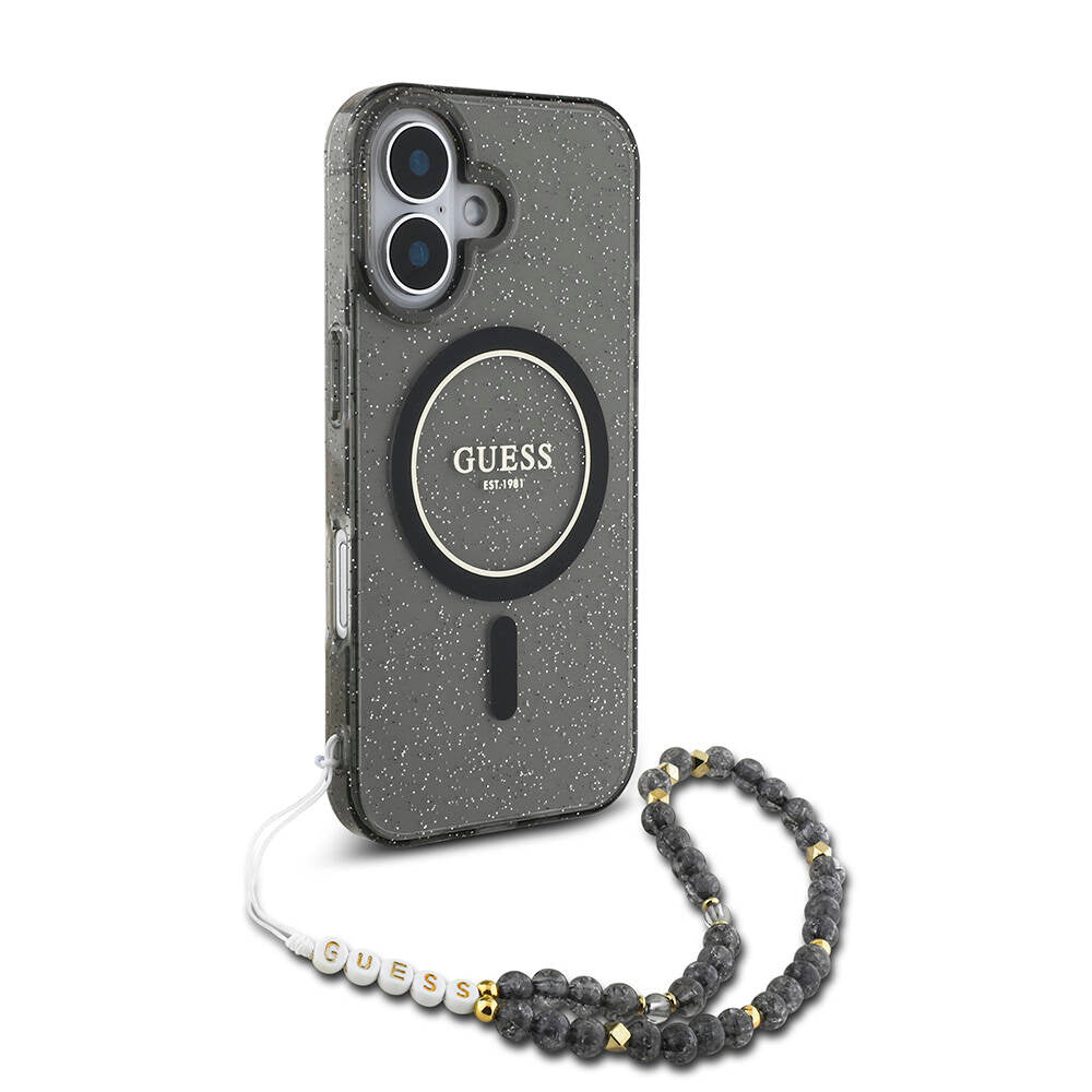 Apple iPhone 16 Kılıf Guess Orjinal Lisanslı M-safe Şarj Özellikli Simli Silikon İnci Bileklikli Kapak