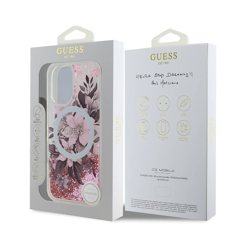 Apple iPhone 16 Kılıf Guess Orjinal Lisanslı M-safe Şarj Özellikli Sıvılı Simli Çiçek Desenli Kapak