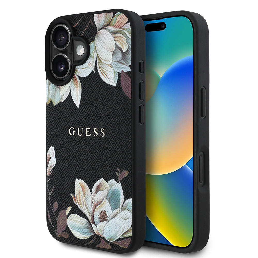 Apple iPhone 16 Kılıf Guess Orjinal Lisanslı M-safe Şarj Özellikli Taneli Çiçek Tasarımlı Metal Yazı Logolu Kapak