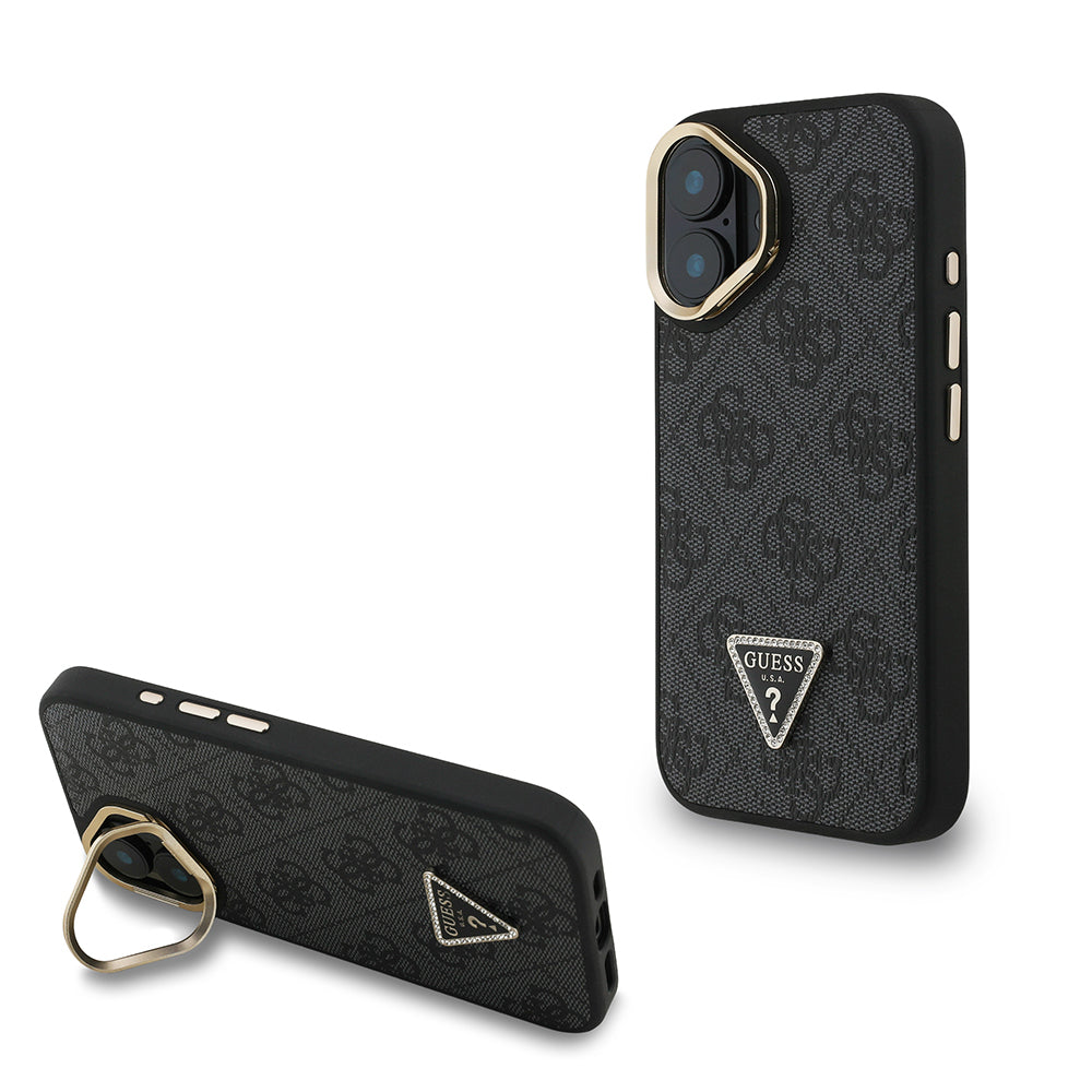 Apple iPhone 16 Kılıf Guess Orjinal Lisanslı PU Deri Taşlı Üçgen Logo 4G Desenli Kamera Standlı Kapak