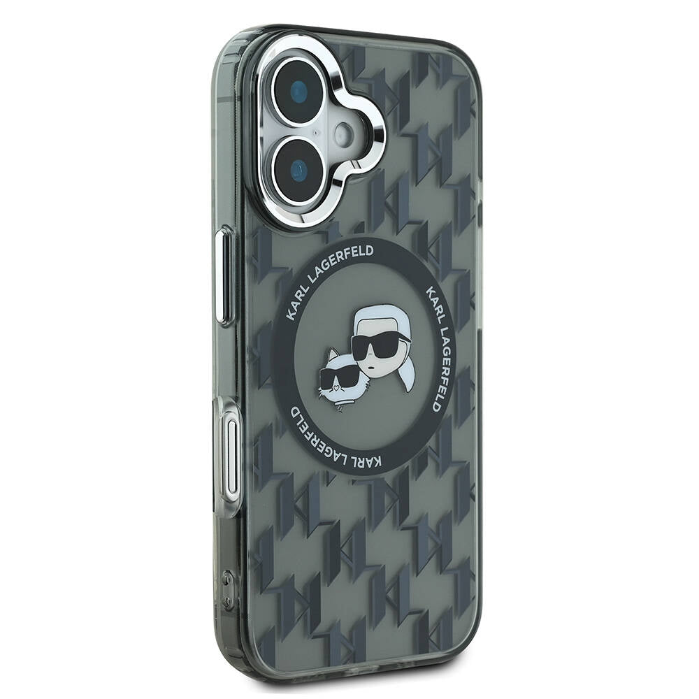 Apple iPhone 16 Kılıf Karl Lagerfeld Orjinal Lisanslı M-safe Şarj Özellikli IML Baskılı Metal Monogram KC Heads Kapak