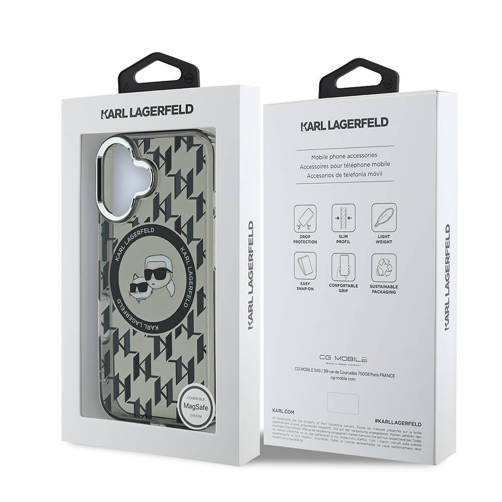 Apple iPhone 16 Kılıf Karl Lagerfeld Orjinal Lisanslı M-safe Şarj Özellikli IML Baskılı Metal Monogram KC Heads Kapak