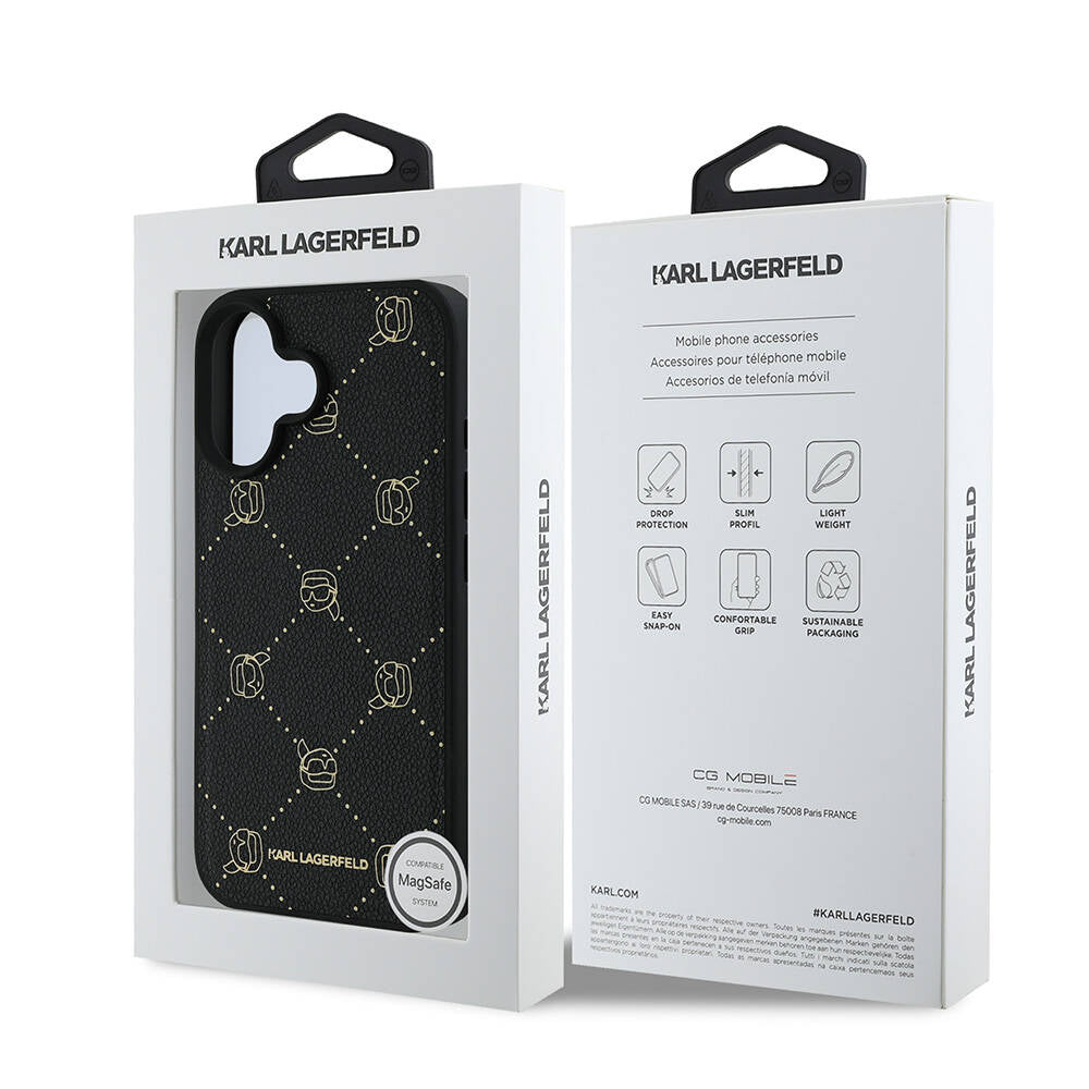 Apple iPhone 16 Kılıf Karl Lagerfeld Orjinal Lisanslı M-safe Şarj Özellikli PU Deri Karl Heads Desenli Klasik Logolu Kapak