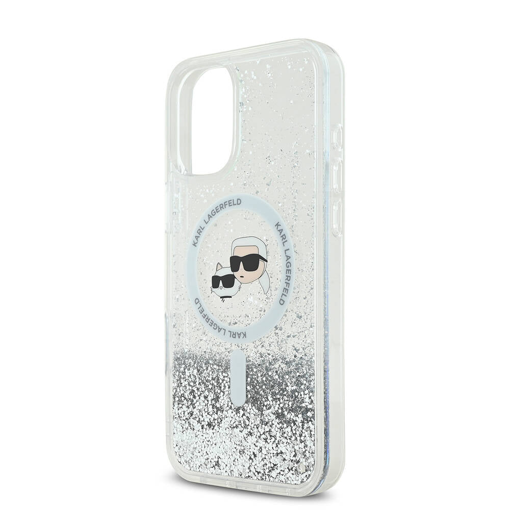 Apple iPhone 16 Kılıf Karl Lagerfeld Orjinal Lisanslı M-safe Şarj Özellikli Sıvılı Simli K&C Heads Kapak
