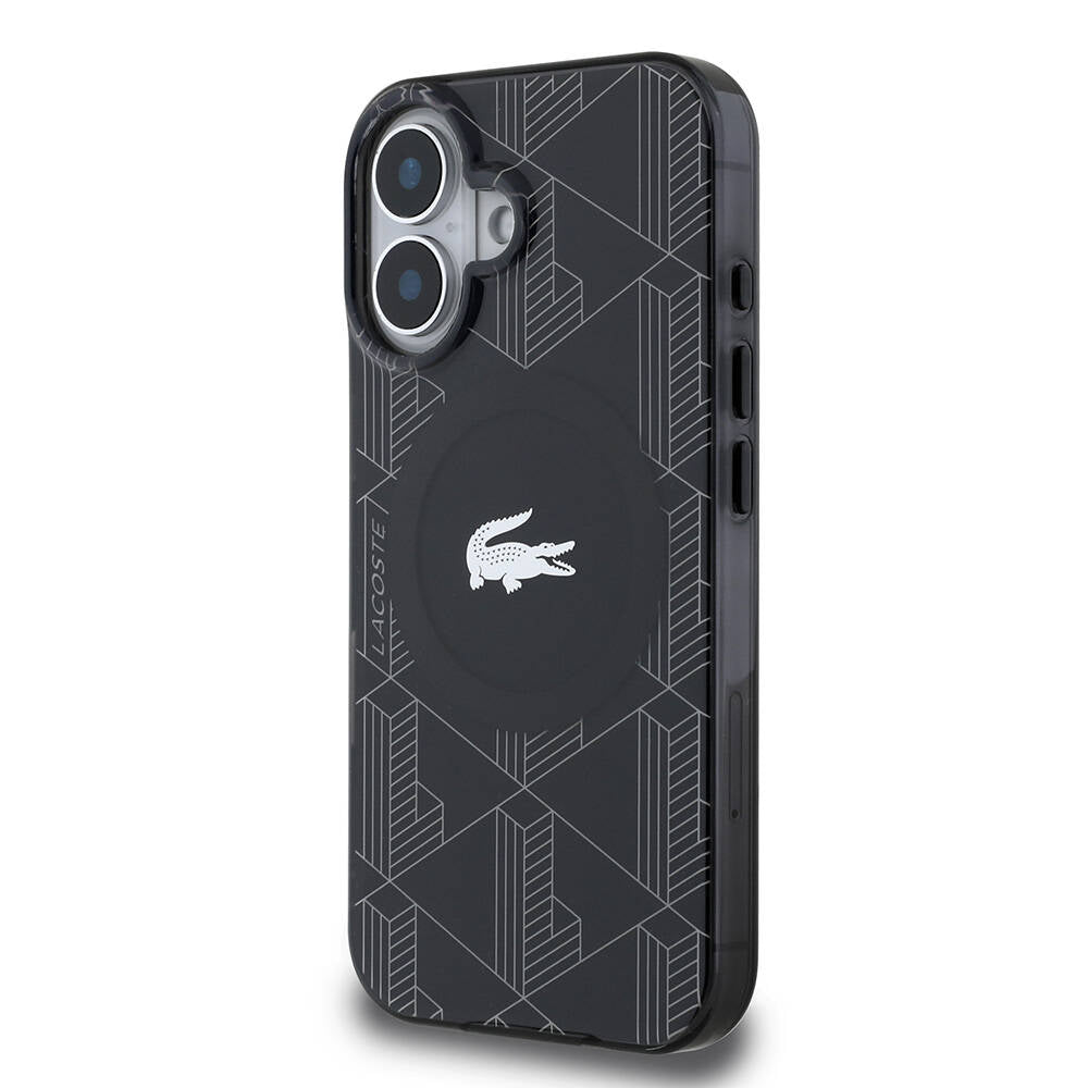 Apple iPhone 16 Kılıf Lacoste Orjinal Lisanslı M-safe Şarj Özellikli IML Baskılı Gümüş Timsah Logolu Monogram Kapak
