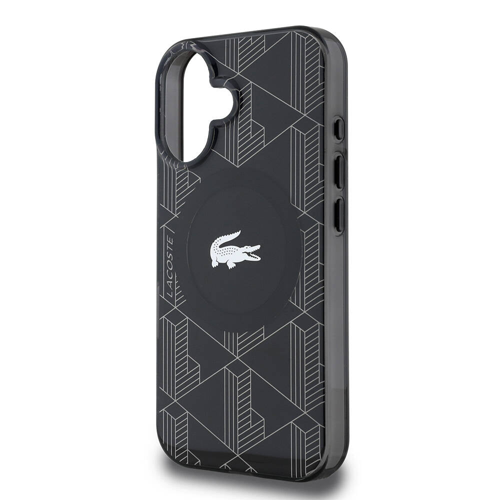 Apple iPhone 16 Kılıf Lacoste Orjinal Lisanslı M-safe Şarj Özellikli IML Baskılı Gümüş Timsah Logolu Monogram Kapak