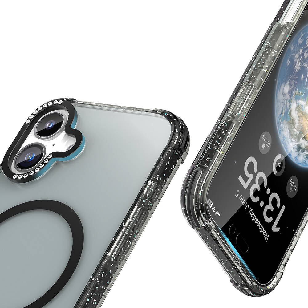 Apple iPhone 16 Kılıf M-safe Şarj Özellikli Taşlı ve Simli Tasarım Mutural Blink Kapak