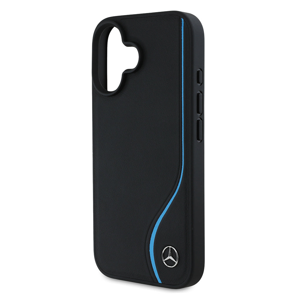 Apple iPhone 16 Kılıf Mercedes Benz Orjinal Lisanslı M-safe Şarj Özellikli 3D Metal Logolu Mavi Dikey Eğri Çizgili Deri Kapak