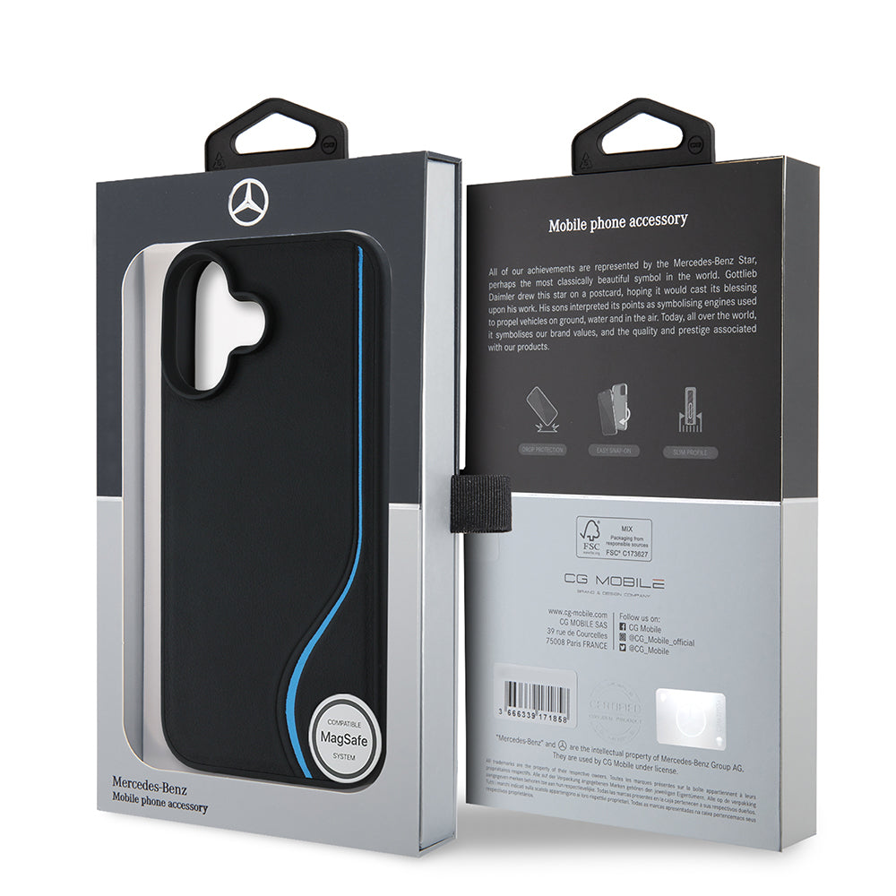 Apple iPhone 16 Kılıf Mercedes Benz Orjinal Lisanslı M-safe Şarj Özellikli 3D Metal Logolu Mavi Dikey Eğri Çizgili Deri Kapak