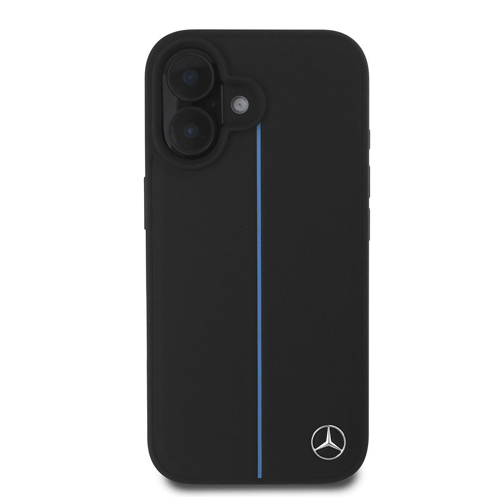 Apple iPhone 16 Kılıf Mercedes Benz Orjinal Lisanslı M-safe Şarj Özellikli Metal Yıldız Logolu Mavi Çizgili Deri Kapak
