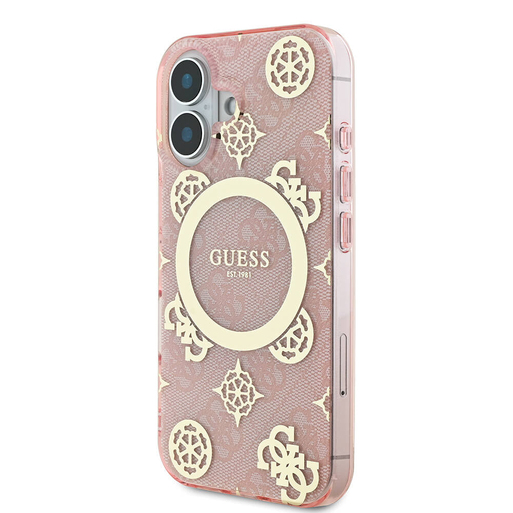 Apple iPhone 16 Plus Kılıf Guess Orjinal Lisanslı M-safe Şarj Özellikli 4G Desenli IML Yazı Logolu Peony Kapak