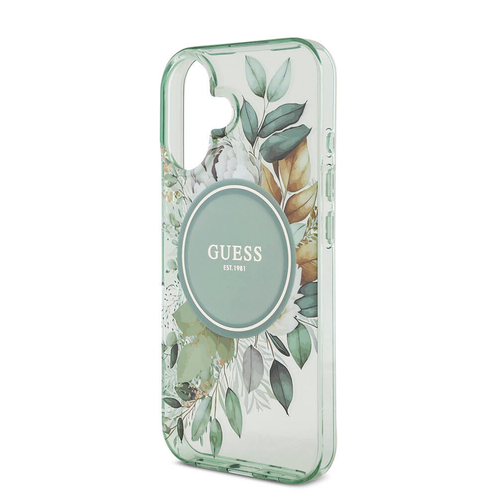 Apple iPhone 16 Plus Kılıf Guess Orjinal Lisanslı M-safe Şarj Özellikli IML Baskılı Çiçek İnci Bileklikli Kapak