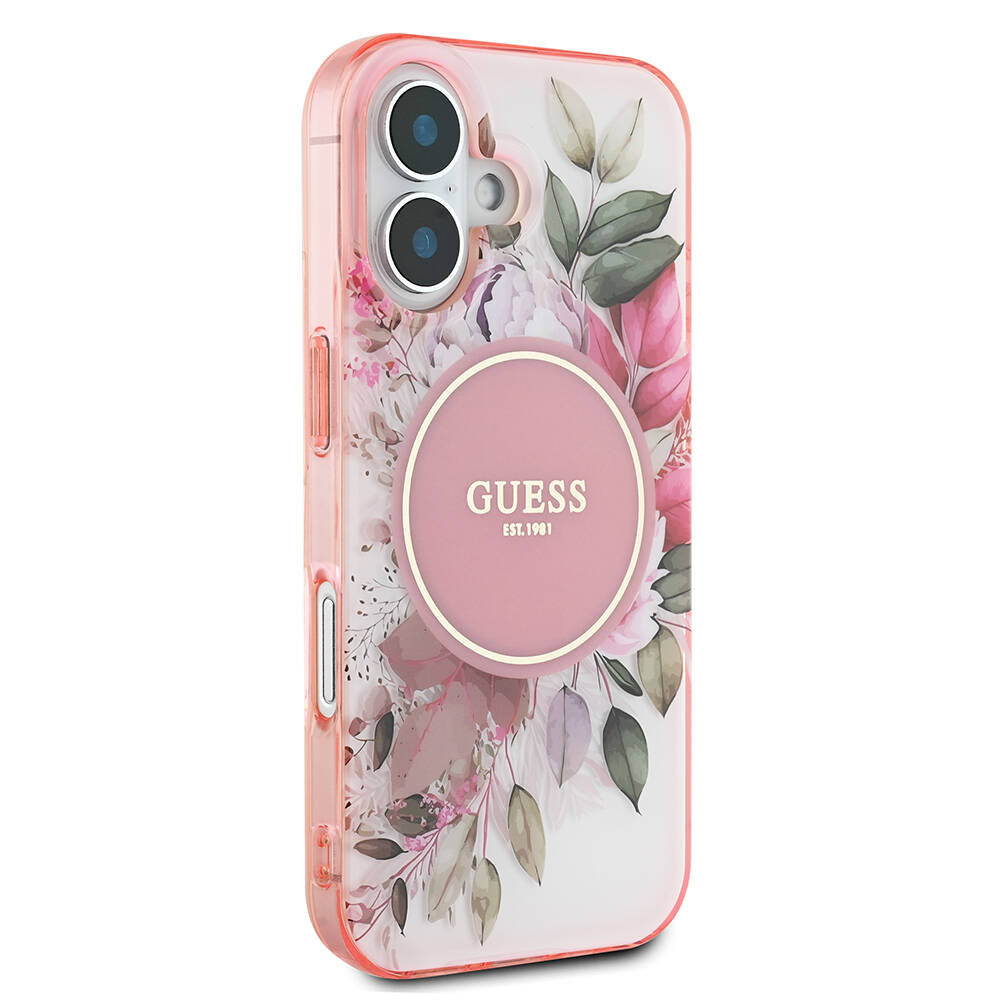 Apple iPhone 16 Plus Kılıf Guess Orjinal Lisanslı M-safe Şarj Özellikli IML Baskılı Yazı Logolu Flower Tonal Circle Kapak
