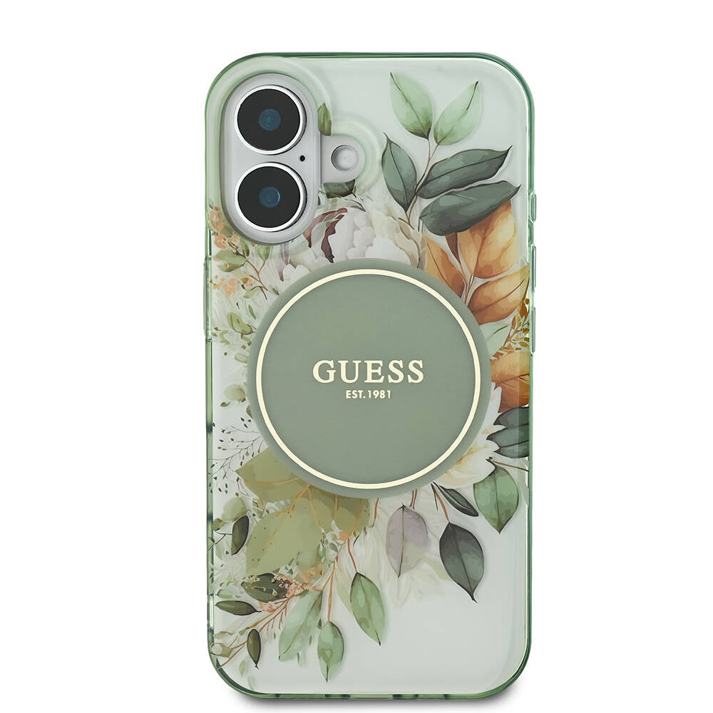 Apple iPhone 16 Plus Kılıf Guess Orjinal Lisanslı M-safe Şarj Özellikli IML Baskılı Yazı Logolu Flower Tonal Circle Kapak