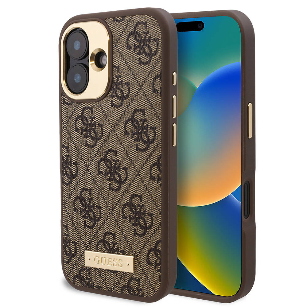 Apple iPhone 16 Plus Kılıf Guess Orjinal Lisanslı M-safe Şarj Özellikli PU 4G Desenli Metal Plaka Klasik Logolu Kapak
