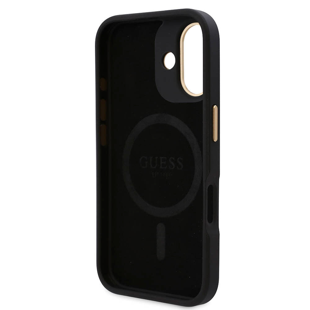 Apple iPhone 16 Plus Kılıf Guess Orjinal Lisanslı M-safe Şarj Özellikli PU 4G Desenli Metal Plaka Klasik Logolu Kapak